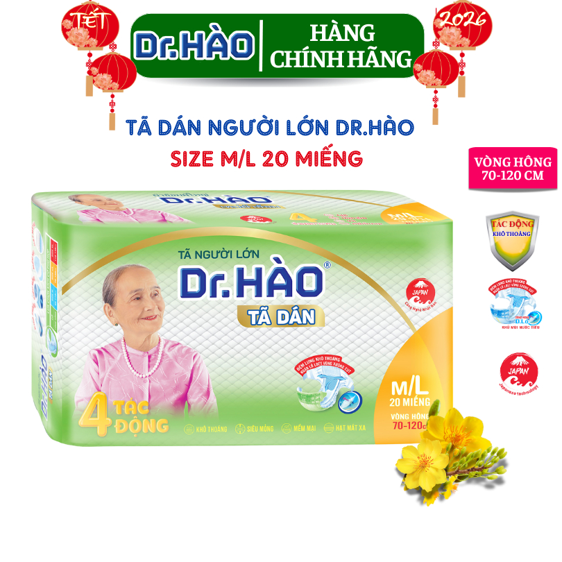 Tã Dán Người Lớn Dr.Hào Size M/L 20 Miếng Bỉm Dán Người Già (Vòng Hông 70-120cm)