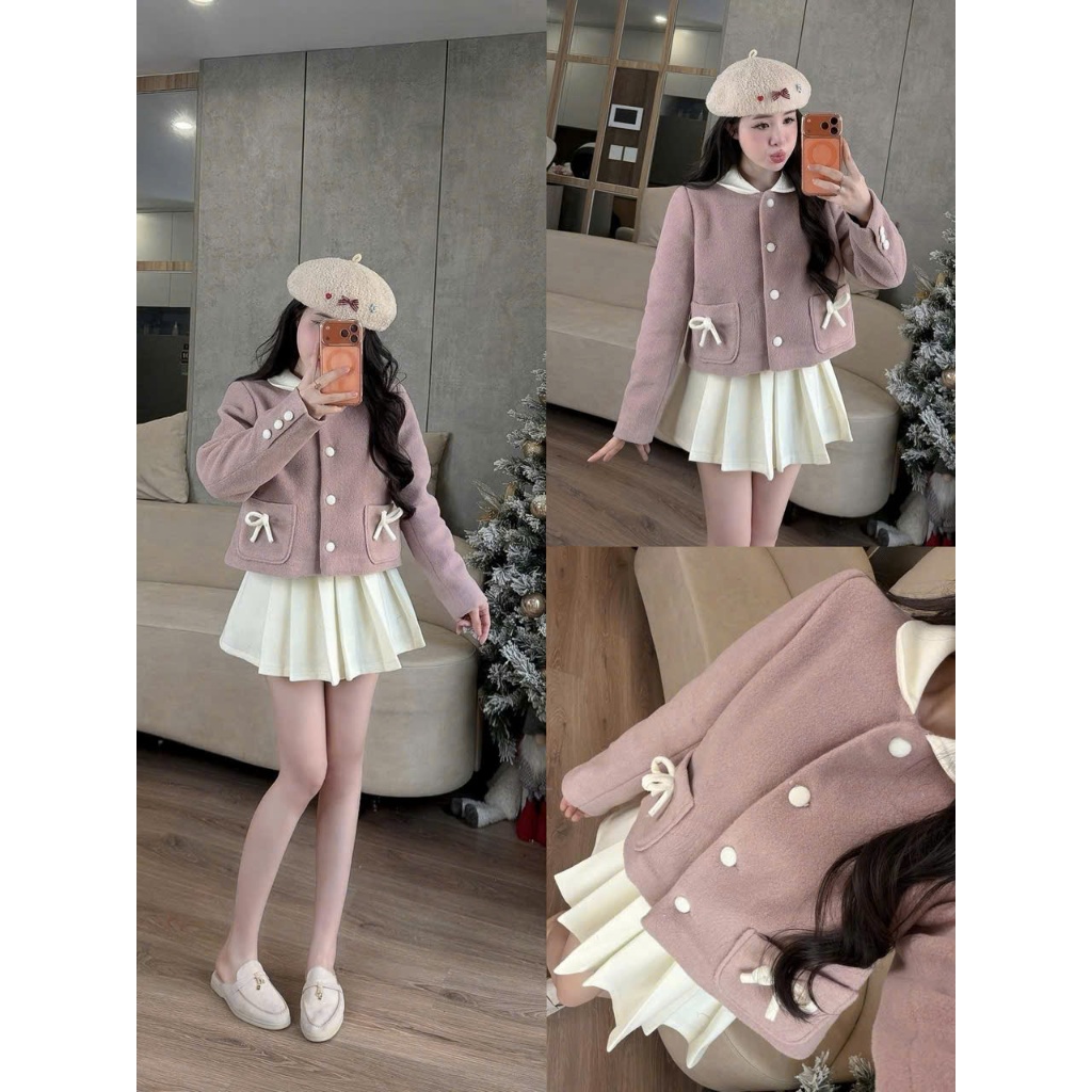 (Set 2 Món): Set Dạ Hồng Cúc Bọc Cổ Sen Kem Túi Đính Dây Nơ Phối Màu Kem Xinh Xỉu Mix Chân Váy Xếp L