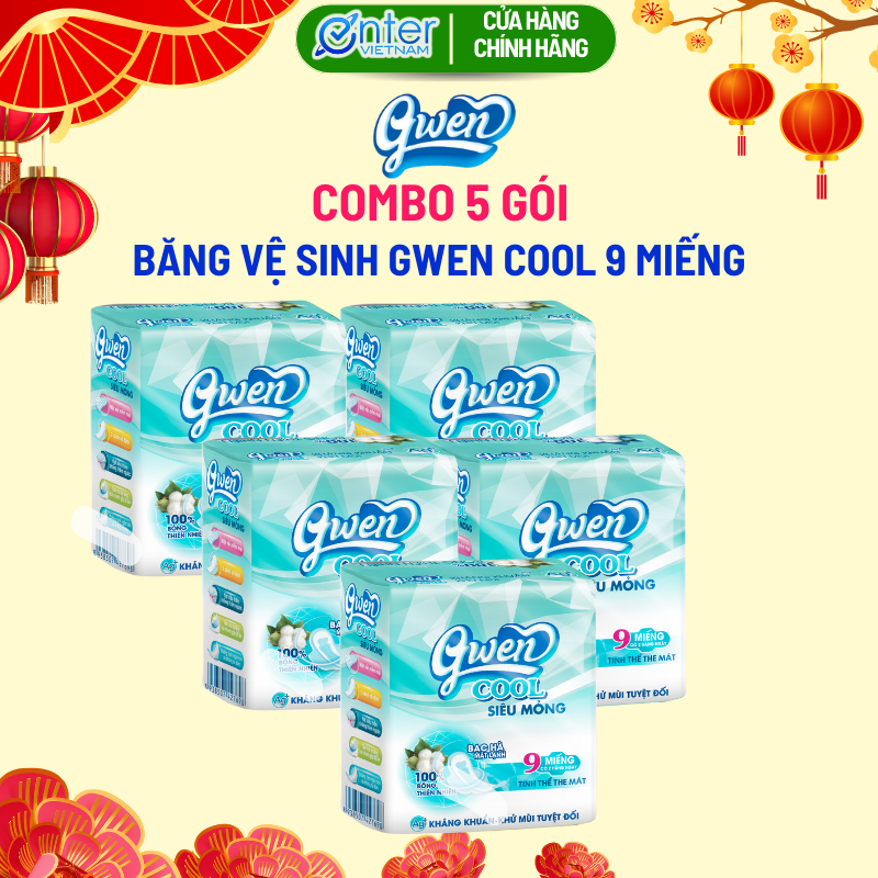 Băng Vệ Sinh Gwen Cool  9 Miếng Mặt Vải Nhung Êm Mềm Bạc Hà Mát Lạnh  Combo 5 Gói