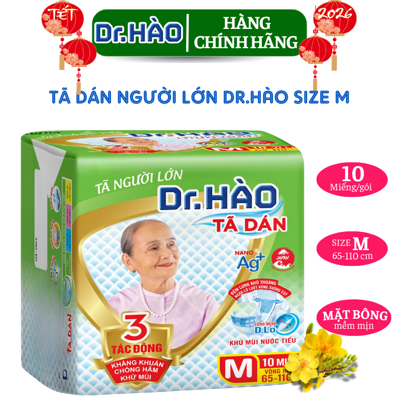 Tã Dán Người Lớn Dr.HÀO Size M  10 Miêng Bỉm Dán Người Già (Vòng Hông 65 - 110cm)