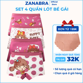 Set 4 Quần Lót Bé Gái Dáng Boxer - Quần Chip Đùi Bé Gái Cotton Mềm Co Giãn Thoáng Mát ZANABRA L8009