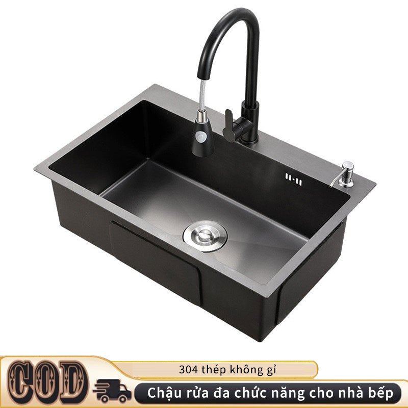 Chậu 1 Hố Cỡ To Nano Đen , Chậu 1 Hố Cỡ Lớn Kèm Rổ, Chậu Rửa Chén 1 Hố Lớn, Chậu Rửa Bát 1 Hố Lớn Kè