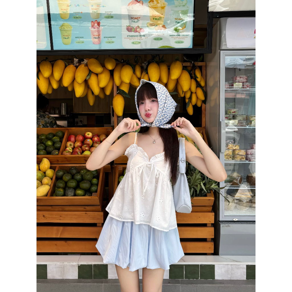 Áo Babydoll 2 Dây Cổ V Phối Nơ Họa Tiết Hoa Cúc Đục Lỗ MINHU CLOTHES Có Freesize và Bigsize [A02] | BigBuy360 - bigbuy360.vn