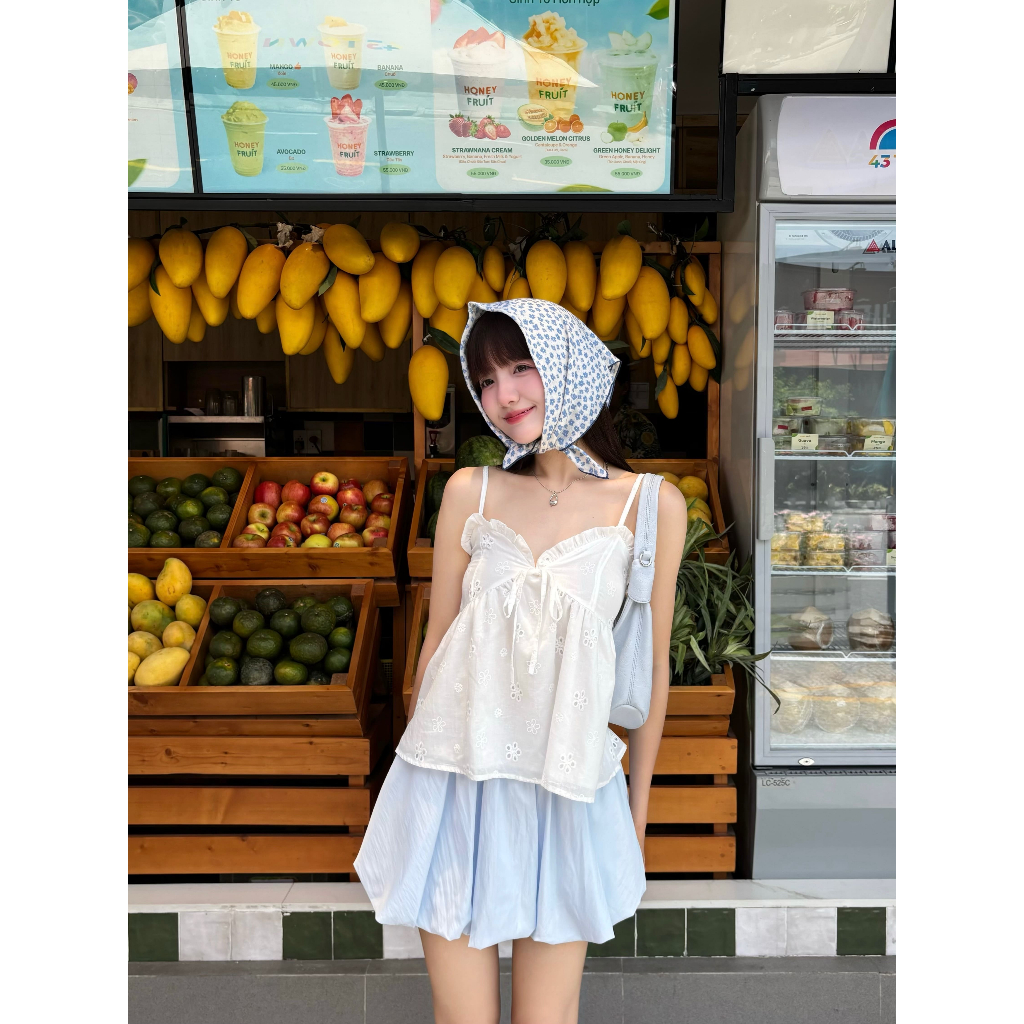 Áo Babydoll 2 Dây Cổ V Phối Nơ Họa Tiết Hoa Cúc Đục Lỗ MINHU CLOTHES Có Freesize và Bigsize [A02] | BigBuy360 - bigbuy360.vn