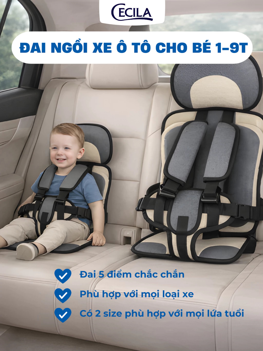 Đai ngồi ô tô cho bé CECILA đai bảo vệ an toàn trên xe ô tô cho bé 1-9 tuổi dễ dàng sử dụng