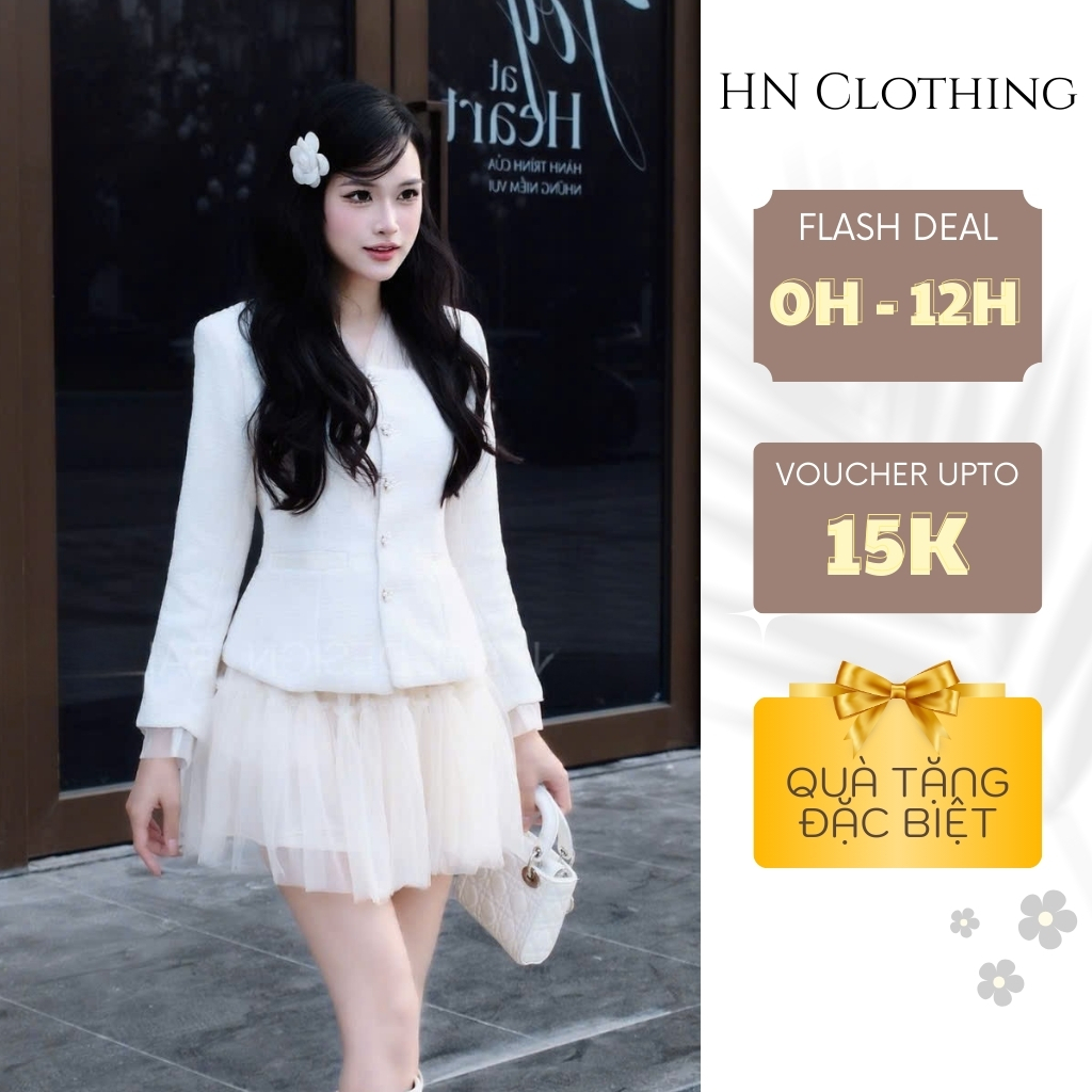 Set áo khoác tweed trắng phối váy voan xòe nữ tính thanh lịch dễ mặc HN Clothing S143
