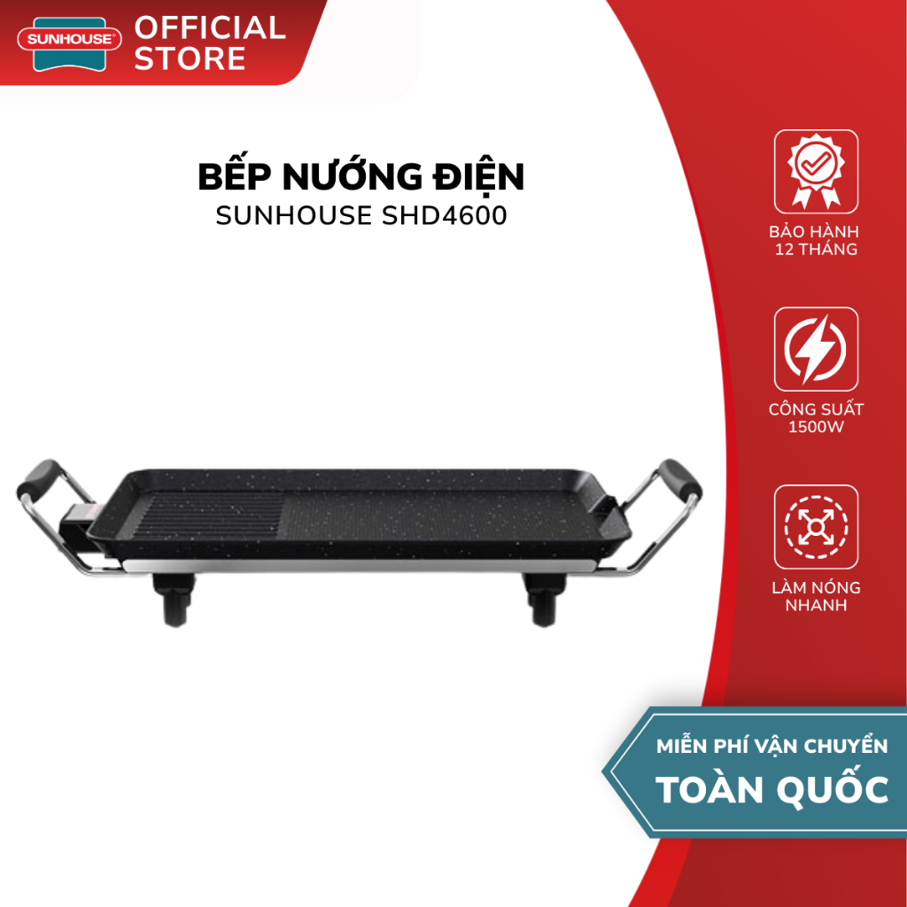 Bếp Nướng Điện Không Khói Sunhouse SHD4600 - 1500W, Bảo Hành 12 Tháng, Phủ Chống Dính Siêu Bền