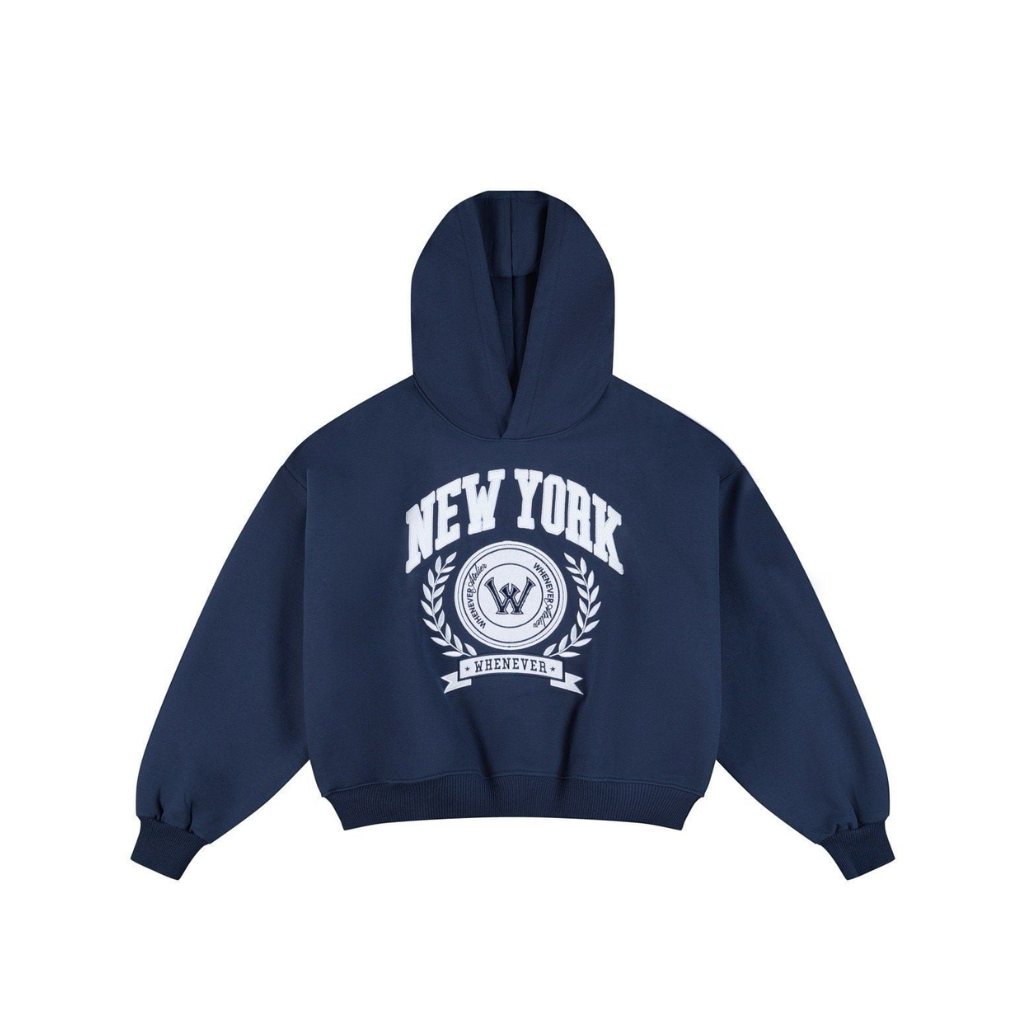 WHENEVER Áo Hoodie Whenever NY Hoodie Form Boxy Vải Nỉ Bông Unisex / Xanh Navy