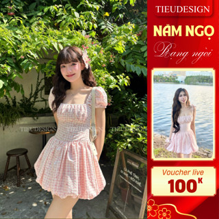   DR2504  Váy nữ tay ngắn dáng váy bí Đầm hai dây thiết kế caro phối hoa nhí ngọt ngào Tiểu Design 