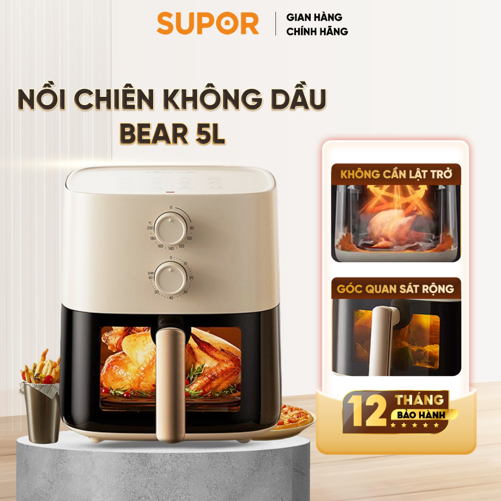 [BH 18 Tháng] Nồi chiên không dầu Bear QZG-J15M1 5L, hẹn giờ, công suất 1500W, nướng gà nguyên con