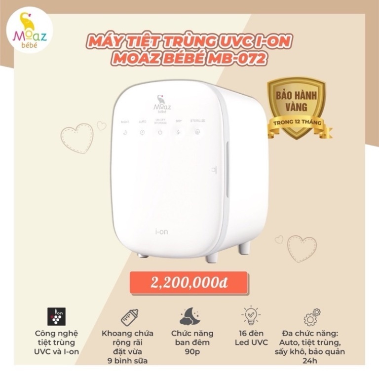 Máy tiệt trùng sấy khô tia đèn UVC và ION chăm sóc sức khỏe Bé Moaz BéBé MB-072 MB072 (Bảo hành 12 t