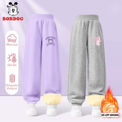 Quần nỉ cho bé gái BOBDOG, quần thu đông chất nỉ nhung ấm áp dáng thể thao in hình kuromi, melody