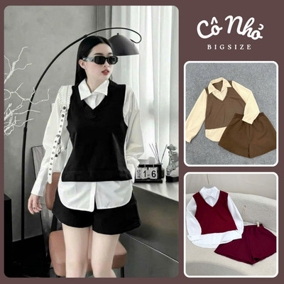 Set Bộ Sơ Mi Bigsize Nữ Áo Sơ Mi Đuôi Tôn Kiểu Gile Phối Quần Short Lưng Cao Cá Tính SET944