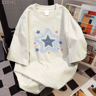  ✅24h Giao hàng Áo phông nữ xám form rộng mùa hè cổ tròn áo thun  in hình cute fashion 100% cotton 