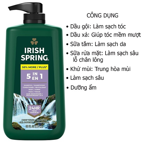 Sữa tắm gội cho nam irish spring 5 in 1 887ml của Mỹ