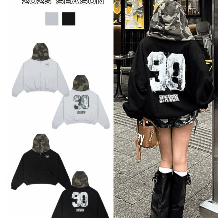 Áo Khoác HAVEN Hoodie Nỉ Nam Nữ Form Rộng Unisex Có Nón Camo Rằn Ri In Số 90 HAVEN 2026