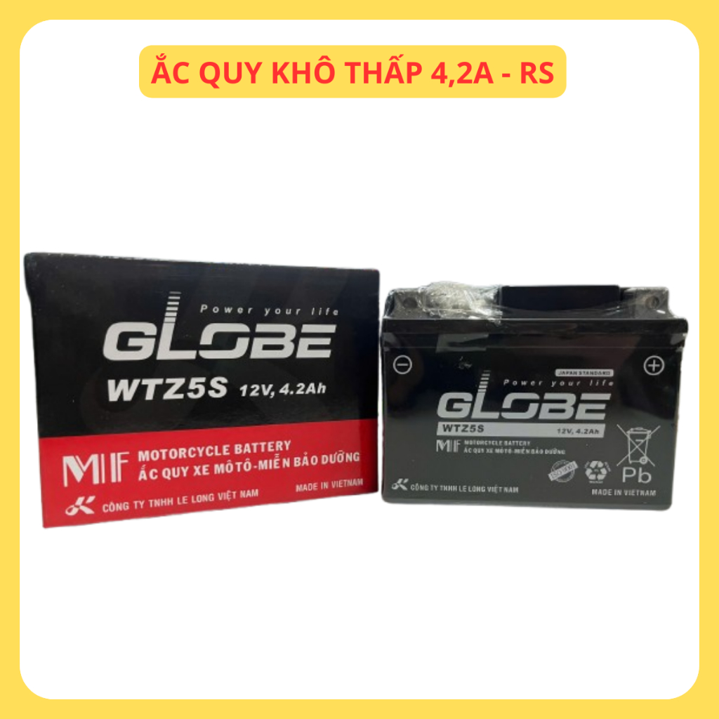 Bình ắc quy khô thấp 12V/4,2Ah - Ắc quy hiệu GLOBE - Ắc quy dành cho xe Wave a, Wave S/RS/RSX, Siriu