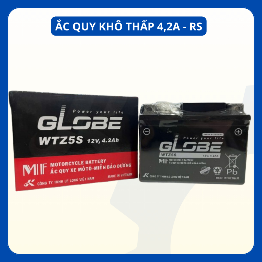 Bình ắc quy khô thấp 12V/4,2Ah - Ắc quy hiệu GLOBE - Ắc quy WTZ5S dành cho xe Wave/RS/RSX, Sirius Fi