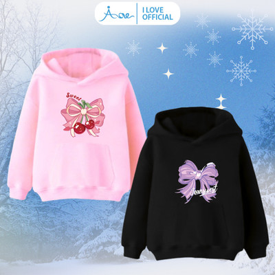 [MỚI] Áo HOODIE Phối Túi Bé Gái AORE, Áo nỉ da cá có mũ in hình Nơ Dễ Thương chất mềm mịn, hàng Thu Đông 10-35kg