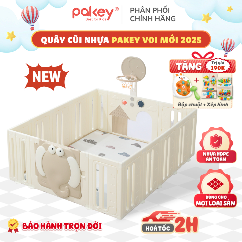 [Hỏa tốc] Bộ Quây Cũi Full Set Cao Cấp Pakey Voi Luxury, Quây Cũi Nhựa Tích Hợp Nhiều Trò Chơi Thú V