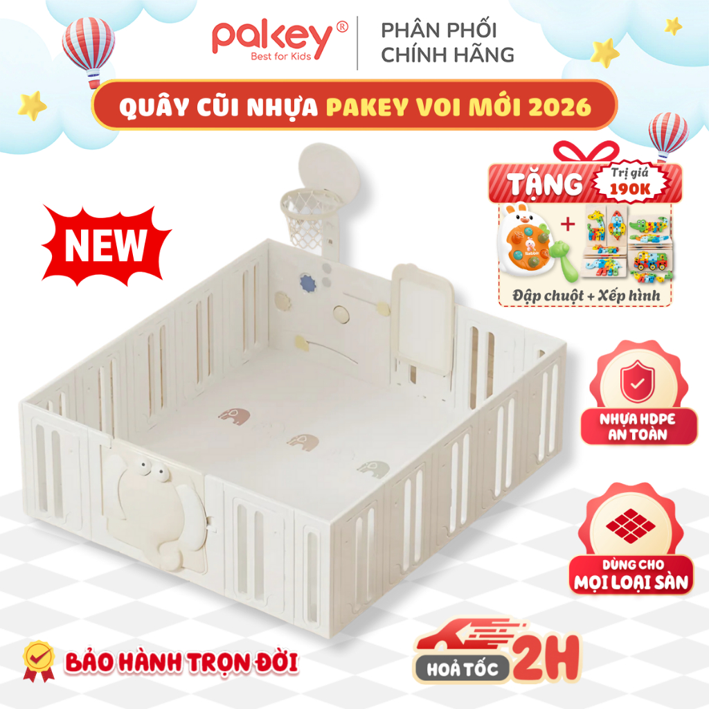 [Hỏa tốc] Bộ Quây Cũi Full Set Cao Cấp Pakey Voi Luxury, Quây Cũi Nhựa Tích Hợp Nhiều Trò Chơi Thú V