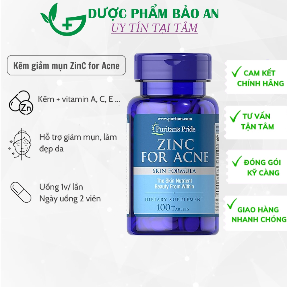Kẽm Puritan's Pride Zinc For Acne, hộp 100 viên, giúp giảm mụn nội tiết , Xuất xứ Mỹ