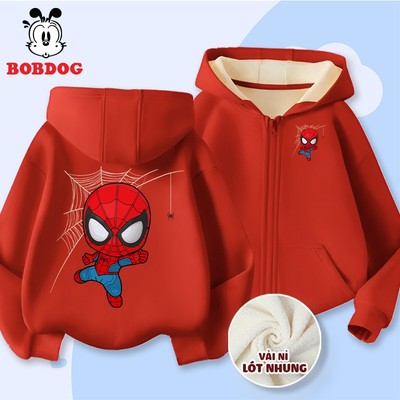 Áo hoodie zip bé trai BOBDOG, áo khoác mùa đông chất liệu nỉ nhung ấm áp in hình người nhện, batman