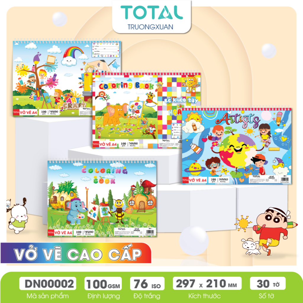Vở vẽ Total A4 -30 tờ lò xo, giấy chống loá màu tự nhiên bám màu tốt.Mã:DN02