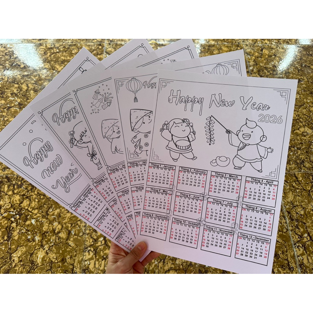 10 tờ Lịch tô màu tết 2026 giá sỉ - giấy A4 cứng đẹp