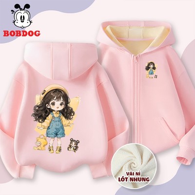 Áo hoodie zip bé gái BOBDOG, áo khoác thu đông chất liệu nỉ nhung ấm áp in hình cô gái cute