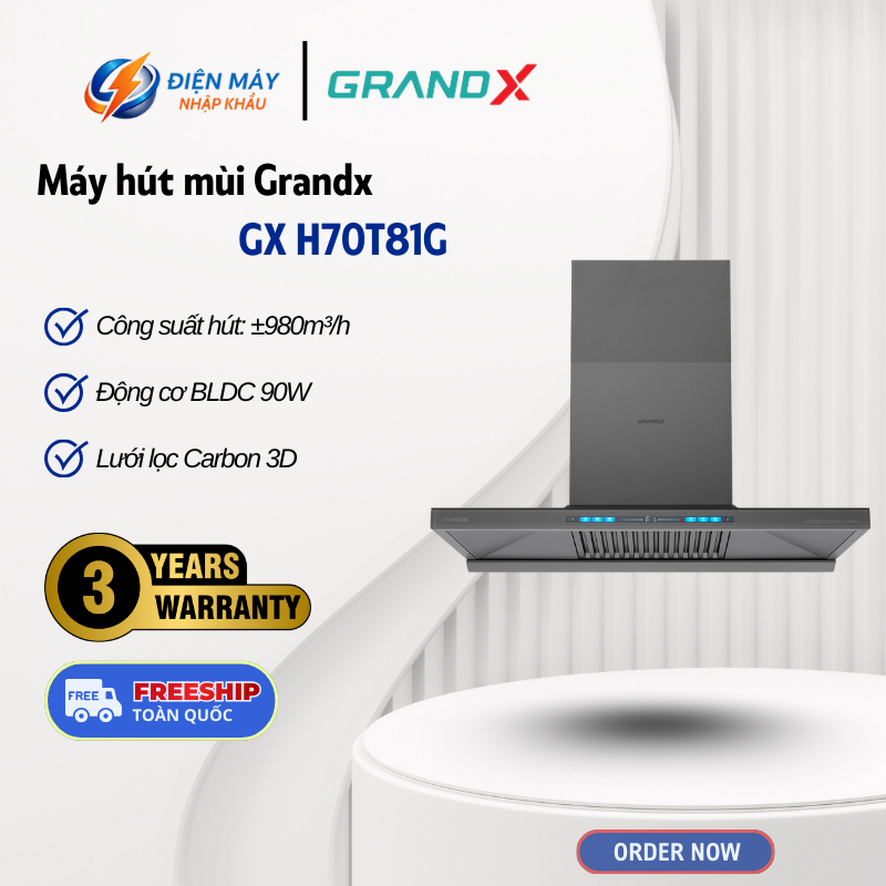Máy Hút Mùi Áp Tường Chữ T GrandX GX H70T81G – Động Cơ BLDC – Khử Mùi Than Hoạt Tính