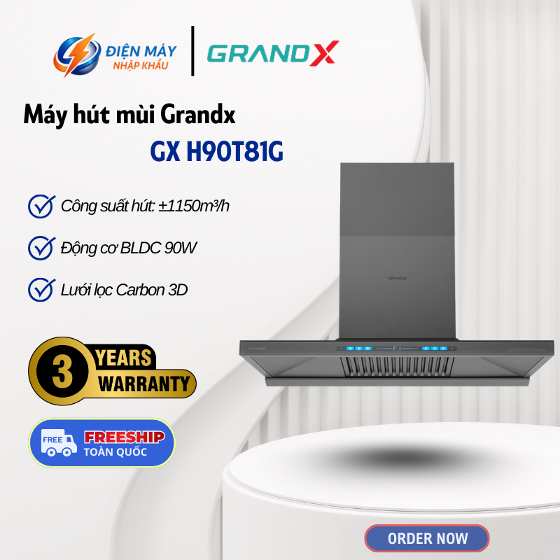 Máy Hút Mùi Áp Tường GrandX GX H90T81G Premium - Kích Thước 90cm - Động Cơ BLDC - Bảo Hành 3 Năm