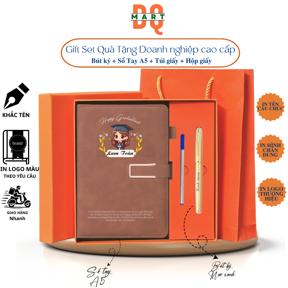 Hộp Quà Doanh Nhân 2 món, In hình Màu-Giftset khắc tên, câu chúc, logo, nội dung theo yêu cầu,DQMart