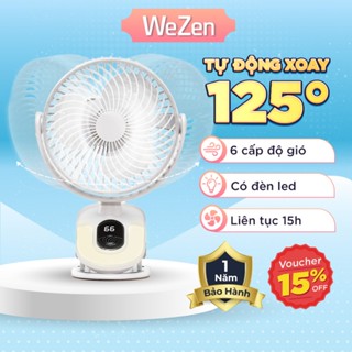   BH 1 Năm - Xoay+Đèn led  Quạt Tích Điện Kẹp Bàn Êm Chống Ồn 6 inch 6 cấp gió Pin Thật W01 - WEZEN 