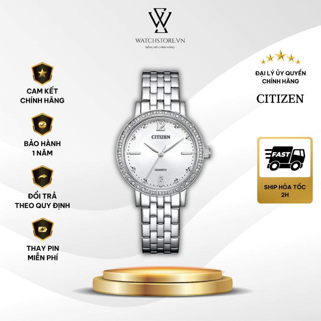 Đồng Hồ Nữ Citizen EL3100-55A Màu Trắng Viền Đá Sang Chảnh Mặt Kính Khoáng 31mm Dây Kim Loại Kháng N