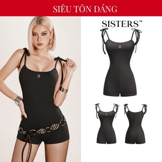 Jumpsuit nữ ngắn SISTERS sexy dây cột nơ ôm body hở lưng vải thun gân màu Đen Jump Joella | SS2-J5-D