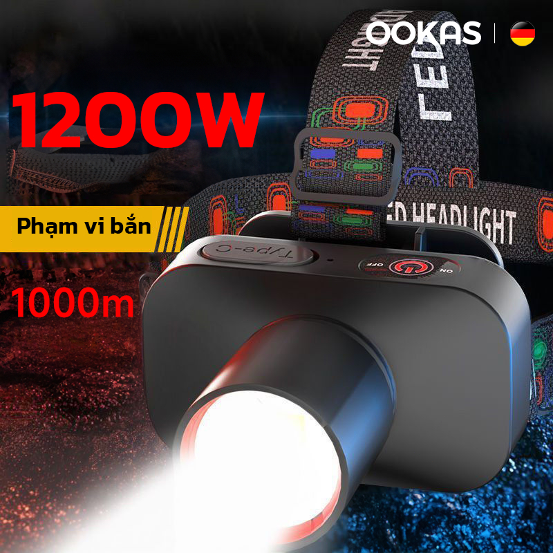 OOKAS Đèn Pin led Đội Đầu Siêu Sáng Chiếu Sáng Chuyên Dụng Cho Chạy Bộ pin trâu sáng mạnh 20 giờ