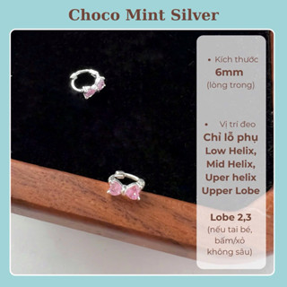  Khuyên tai tròn bạc ta Choco Mint nơ đá tia trắng 6mm không han gỉ không phai màu 