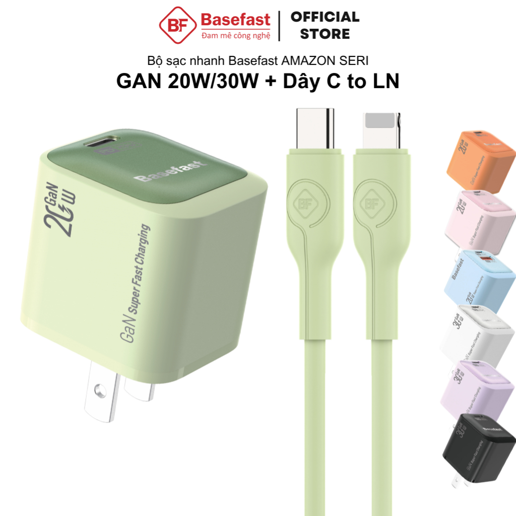 Bộ sạc nhanh 20W Basefast cho Phone 11 12 13 14 pro xs ... Combo củ sạc GaN kèm dây silicon siêu bền