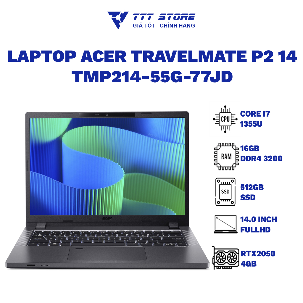 Laptop Acer TravelMate P2 14 TMP214-55G-77JD Notebook Core I7 1355U/ 16GB/ 512GB SSD/ RTX2050 4GB - 