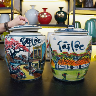  Chum đựng gạo Hũ đựng gạo 5kg gốm sứ Bát Tràng vẽ thủ công tráng men kem an toàn sử dụng 