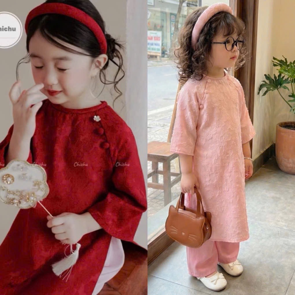[CHACHA KID’S] G19 Set áo dài GIAI Ý gấm mềm mại xinh xắn cho bé gái diện lễ tết (9-30kg)