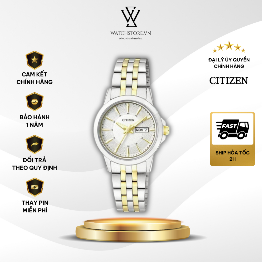 Đồng Hồ Nữ Citizen EQ0608-55A Màu Trắng Cọc Vàng Mặt Kính Khoáng 27mm Dây Kim Loại Mạ Vàng Kháng Nướ
