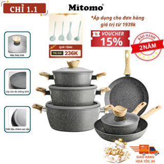  Bộ nồi chảo vân đá 6 món chống dính cao cấp Mitomo Queen Time dùng cho bếp từ bếp ga - Hàng chính hãng 