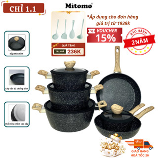  Bộ nồi chảo chống dính vân đá tự nhiên cao cấp 6 món Mitomo Queen Time dùng cho mọi loại bếp - Hàng chính hãng 