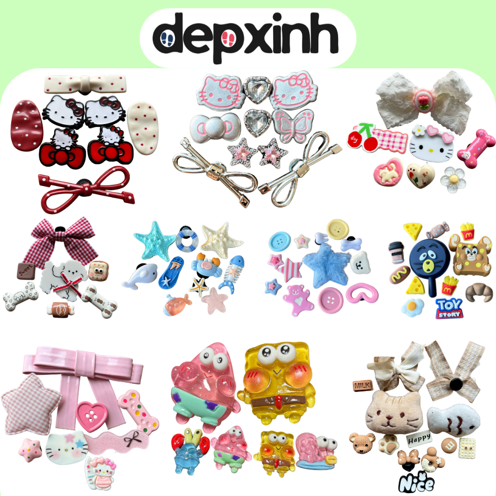 CHARM STICKER gắn giày dép lỗ cute - Bộ 6 - 13 stickers - Nhựa cứng dễ thương nhiều màu đa dạng mẫu