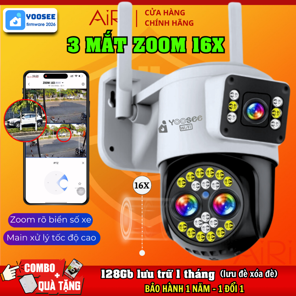 Camera Ngoài Trời YOOSEE 3 MẮT ZOOM 16X | Zoom quang học bắt nét từ xa | combo kèm thẻ nhớ 128Gb