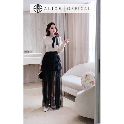 Set Váy Cao Cấp Alice, Áo Dạ Tweet Croptop Dài Tay Cổ Tròn Đính Nơ, Chân Váy Lưới 3 Tầng Dáng Dài Maxi S1024