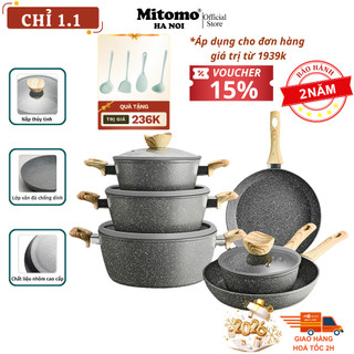  Bộ nồi chảo vân đá 6 món chống dính cao cấp Mitomo Queen Time dùng cho bếp từ bếp ga - Hàng chính hãng . 
