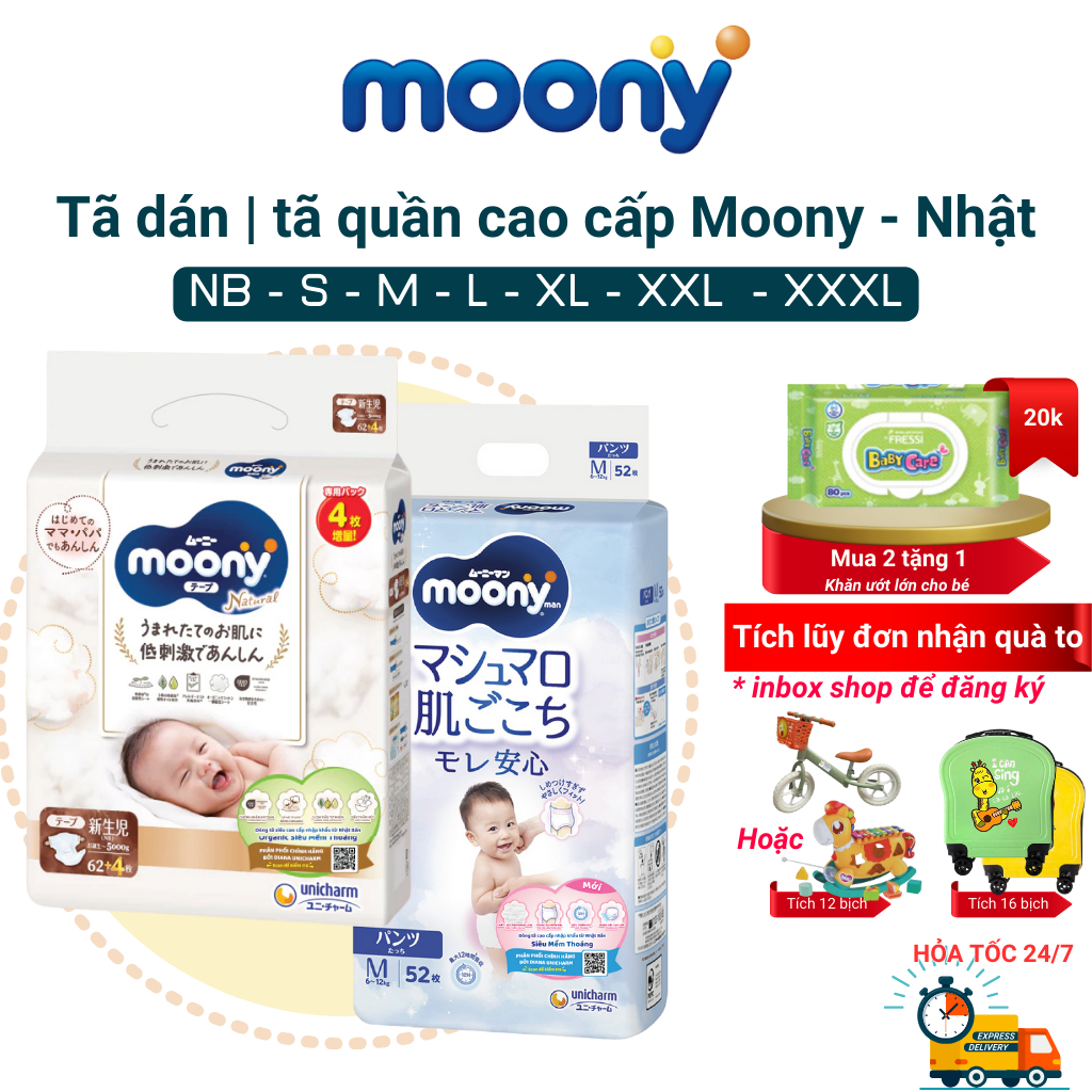 Bỉm moony trắng, bỉm moony natural chính hãng, tã moony dán/quần đủ size NB62/S58/M46/L36/XL32